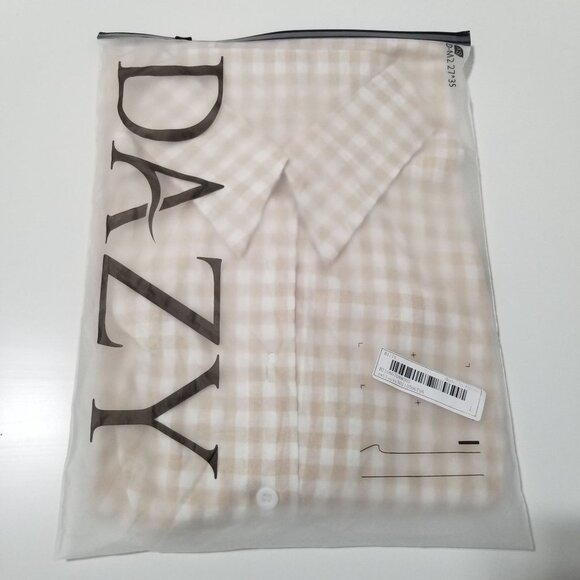 NWT DAZY Gingham Drop Shoulder Button Up‎ Blouse Size L Color Khaki - Picture 6 of 7